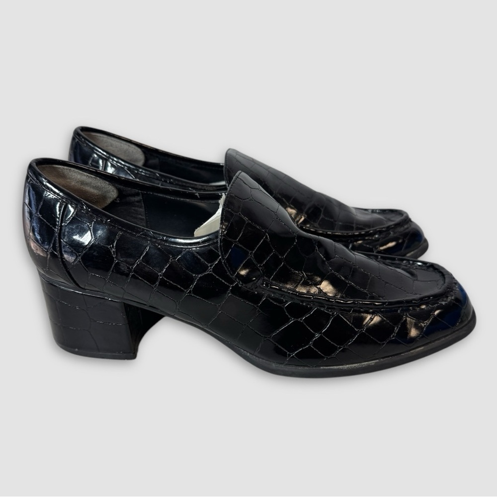 Vintage Black Y2K 90s Womens Black Croc Pleather Chunky Heel Shoes Size 10